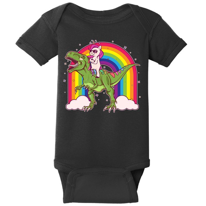 Funny Rainbow Unicorn Riding T-Rex Dinosaur Baby Bodysuit