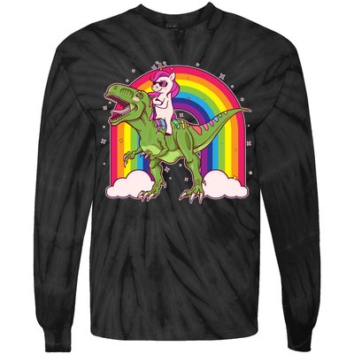 Funny Rainbow Unicorn Riding T-Rex Dinosaur Tie-Dye Long Sleeve Shirt