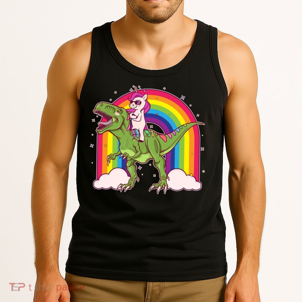 Funny Rainbow Unicorn Riding T-Rex Dinosaur Tank Top