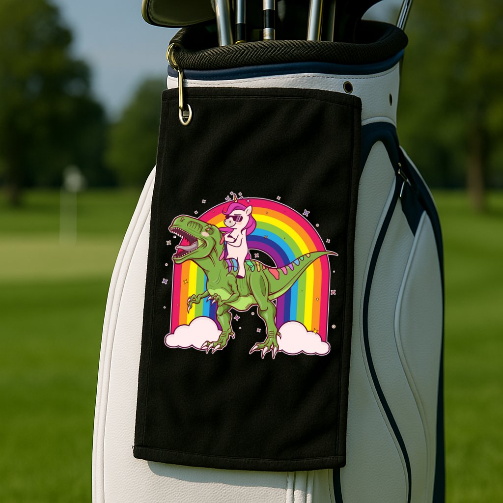 Funny Rainbow Unicorn Riding T-Rex Dinosaur Golf Towel