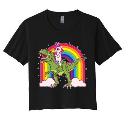 Funny Rainbow Unicorn Riding T-Rex Dinosaur Crop Top