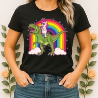 Funny Rainbow Unicorn Riding T-Rex Dinosaur Womens T-Shirt