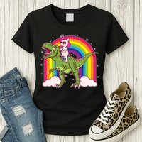 Funny Rainbow Unicorn Riding T-Rex Dinosaur Womens T-Shirt