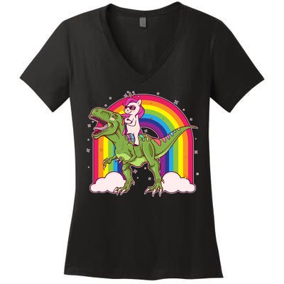 Funny Rainbow Unicorn Riding T-Rex Dinosaur Women's V-Neck T-Shirt