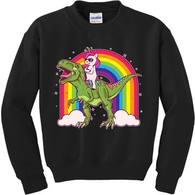 Funny Rainbow Unicorn Riding T-Rex Dinosaur Kids Sweatshirt