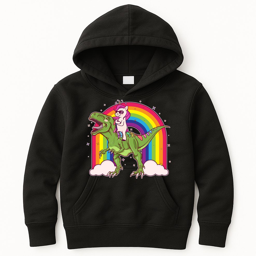 Funny Rainbow Unicorn Riding T-Rex Dinosaur Kids Hoodie