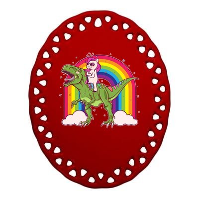 Funny Rainbow Unicorn Riding T-Rex Dinosaur Ceramic Oval Ornament