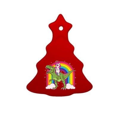 Funny Rainbow Unicorn Riding T-Rex Dinosaur Ceramic Tree Ornament