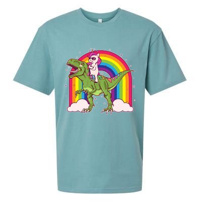 Funny Rainbow Unicorn Riding T-Rex Dinosaur Sueded Cloud Jersey T-Shirt