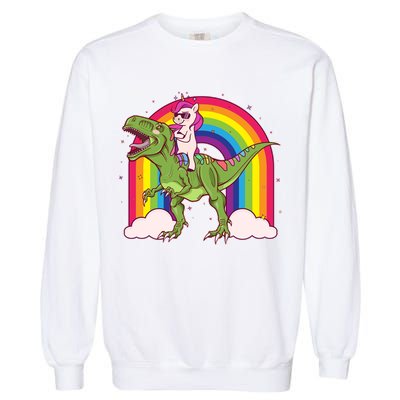 Funny Rainbow Unicorn Riding T-Rex Dinosaur Garment-Dyed Sweatshirt