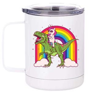 Funny Rainbow Unicorn Riding T-Rex Dinosaur 12 oz Stainless Steel Tumbler Cup