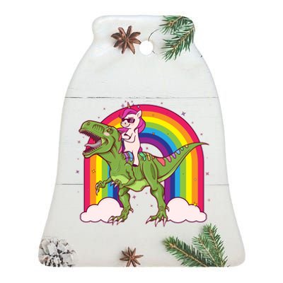 Funny Rainbow Unicorn Riding T-Rex Dinosaur Ceramic Bell Ornament