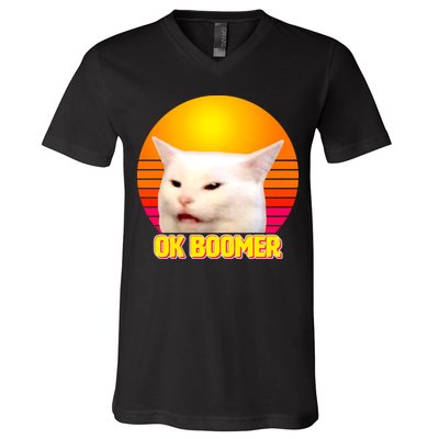 Funny Retro Table Cat OK Boomer Meme V-Neck T-Shirt