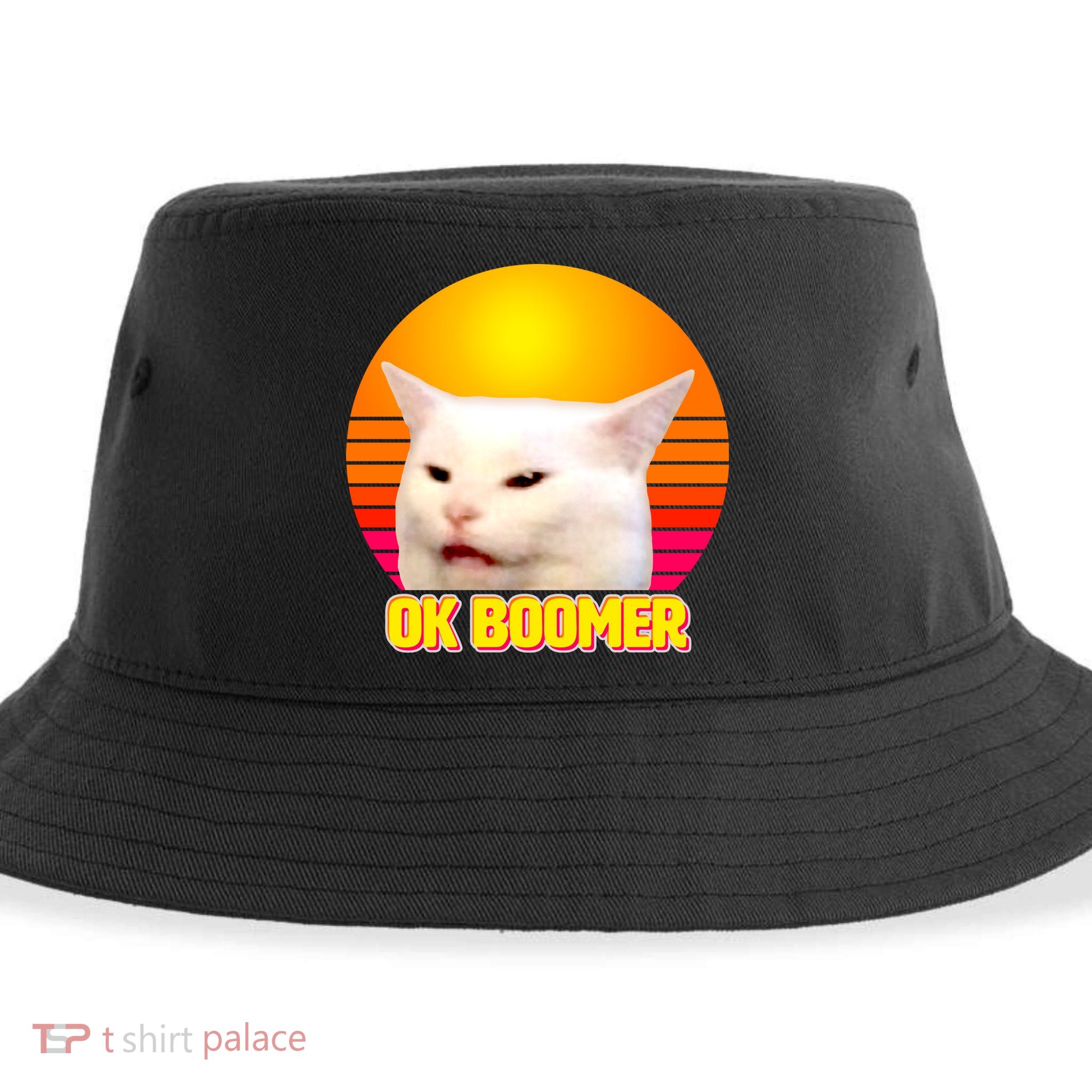 Funny Retro Table Cat OK Boomer Meme Sustainable Bucket Hat