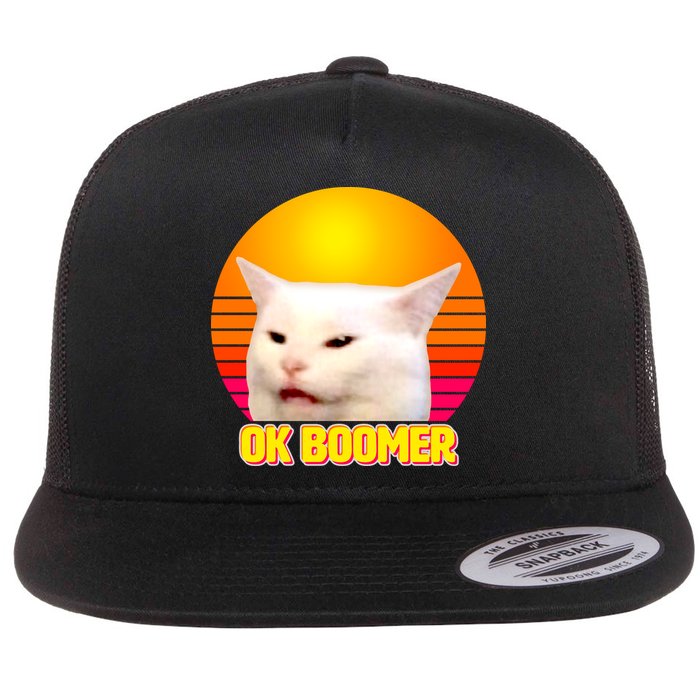 Funny Retro Table Cat OK Boomer Meme Flat Bill Trucker Hat
