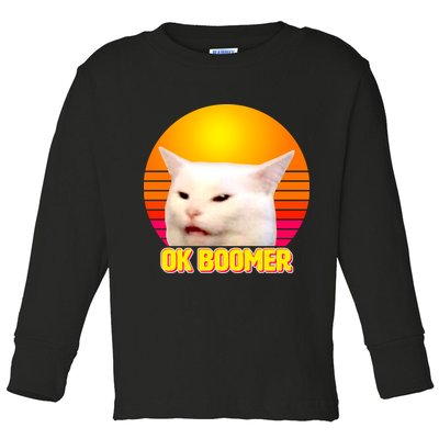 Funny Retro Table Cat OK Boomer Meme Toddler Long Sleeve Shirt