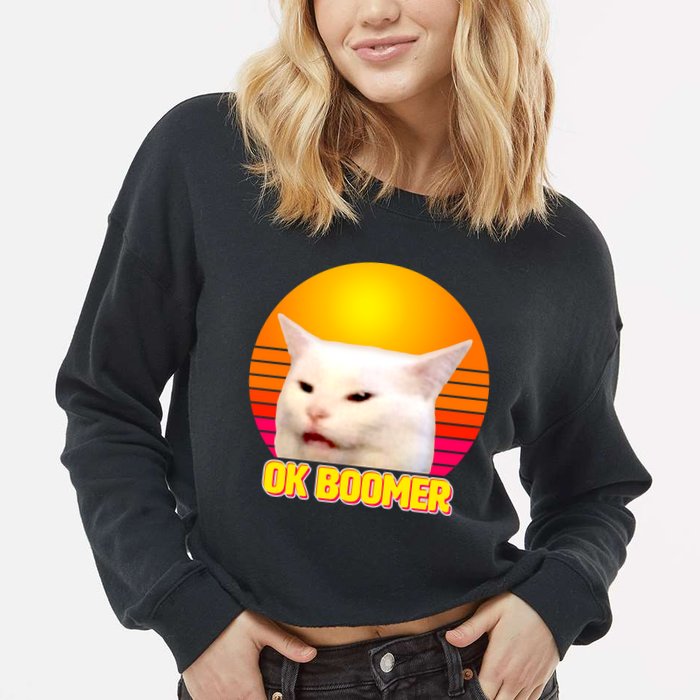 Funny Retro Table Cat OK Boomer Meme Cropped Pullover Crew