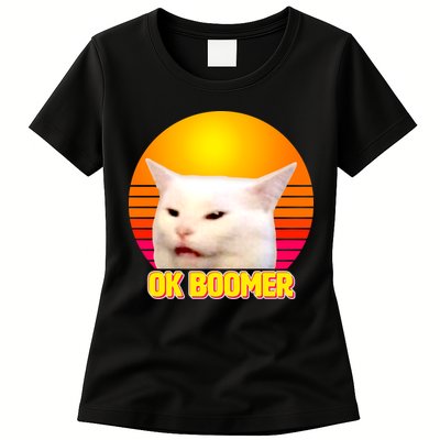 Funny Retro Table Cat OK Boomer Meme Womens T-Shirt