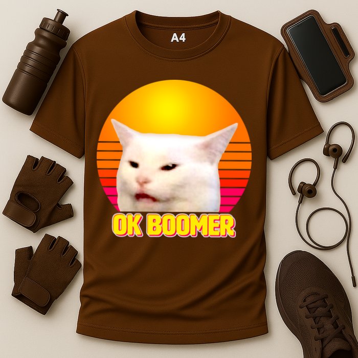Funny Retro Table Cat OK Boomer Meme Cooling Performance Crew T-Shirt