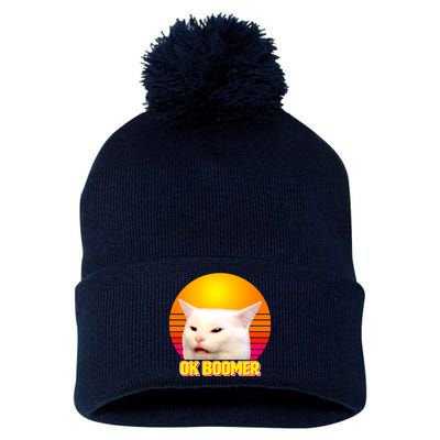 Funny Retro Table Cat OK Boomer Meme Pom Pom 12in Knit Beanie