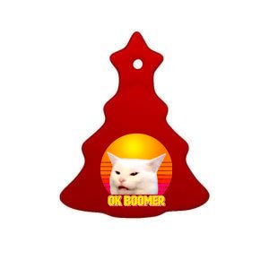 Funny Retro Table Cat OK Boomer Meme Ceramic Tree Ornament