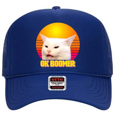 Funny Retro Table Cat OK Boomer Meme High Crown Mesh Back Trucker Hat