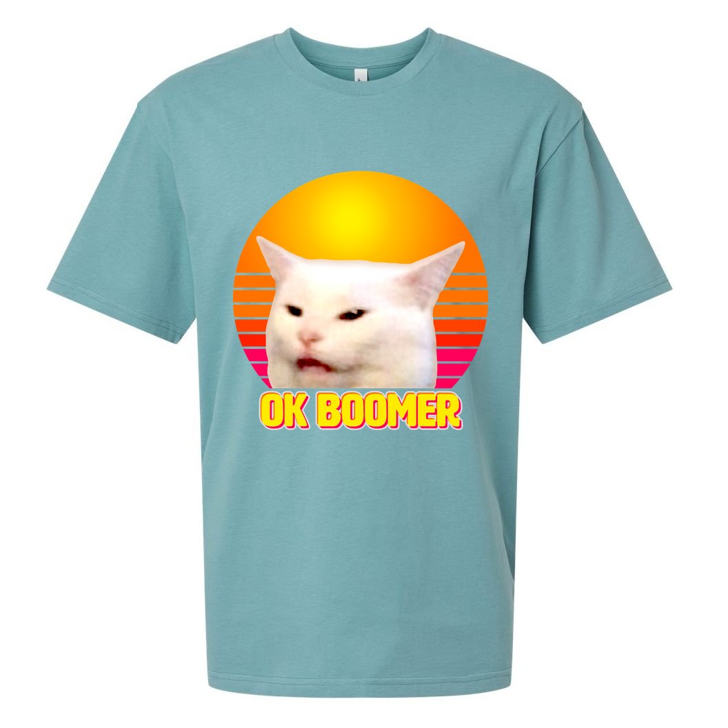 Funny Retro Table Cat OK Boomer Meme Sueded Cloud Jersey T-Shirt