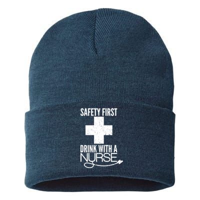 Funny Safety First Drink With A Nurse Sustainable Knit Beanie