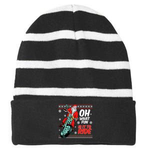 Funny Santa Oh What Fun It Is To Ride Motorcycle Striped Beanie with Solid Band