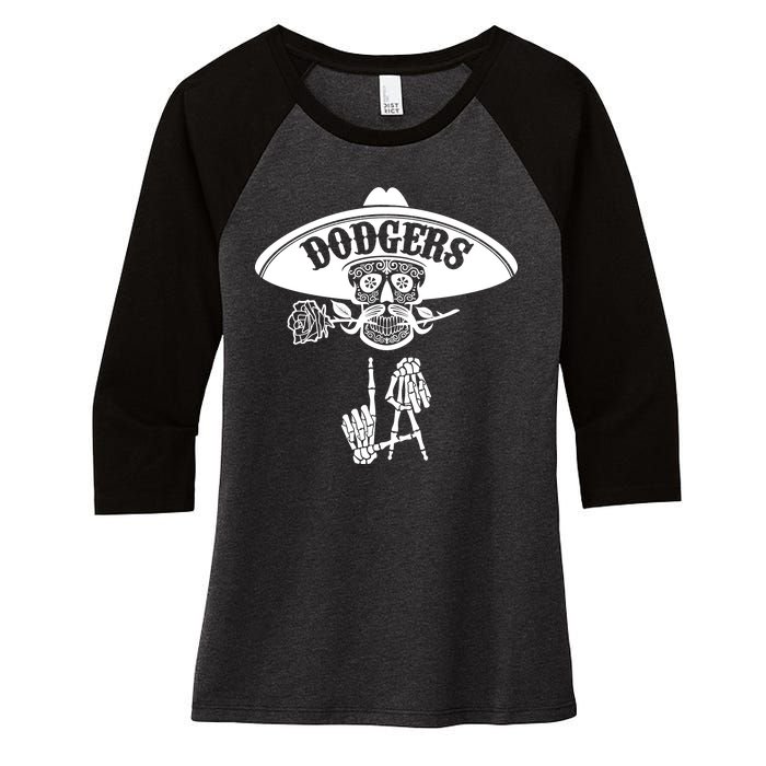 Funny Skull Dodgers Women's Tri-Blend 3/4-Sleeve Raglan Shirt