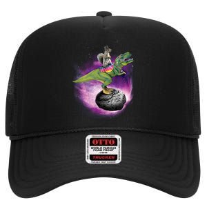 Funny Squirrel Riding T-Rex Space Galaxy High Crown Mesh Back Trucker Hat