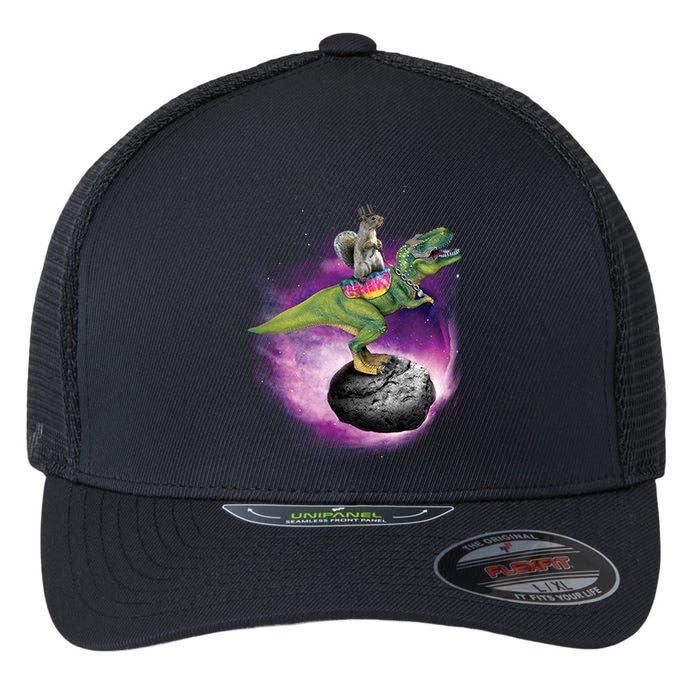 Funny Squirrel Riding T-Rex Space Galaxy Flexfit Unipanel Trucker Cap