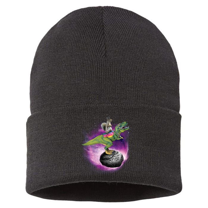 Funny Squirrel Riding T-Rex Space Galaxy Sustainable Knit Beanie