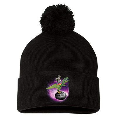 Funny Squirrel Riding T-Rex Space Galaxy Pom Pom 12in Knit Beanie