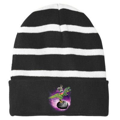 Funny Squirrel Riding T-Rex Space Galaxy Striped Beanie with Solid Band