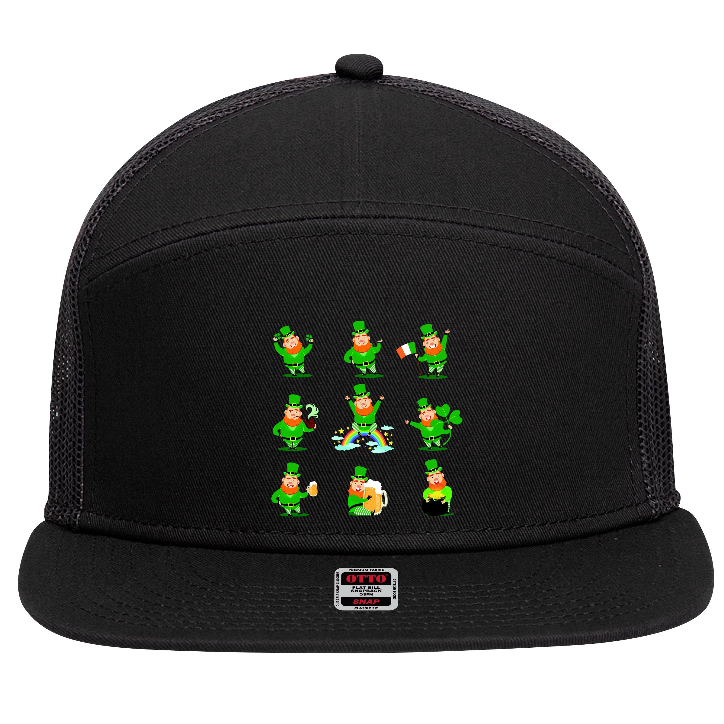 Funny St. Patrick's Day Shamrock Beer Leprechaun Emojis 7 Panel Mesh Trucker Snapback Hat