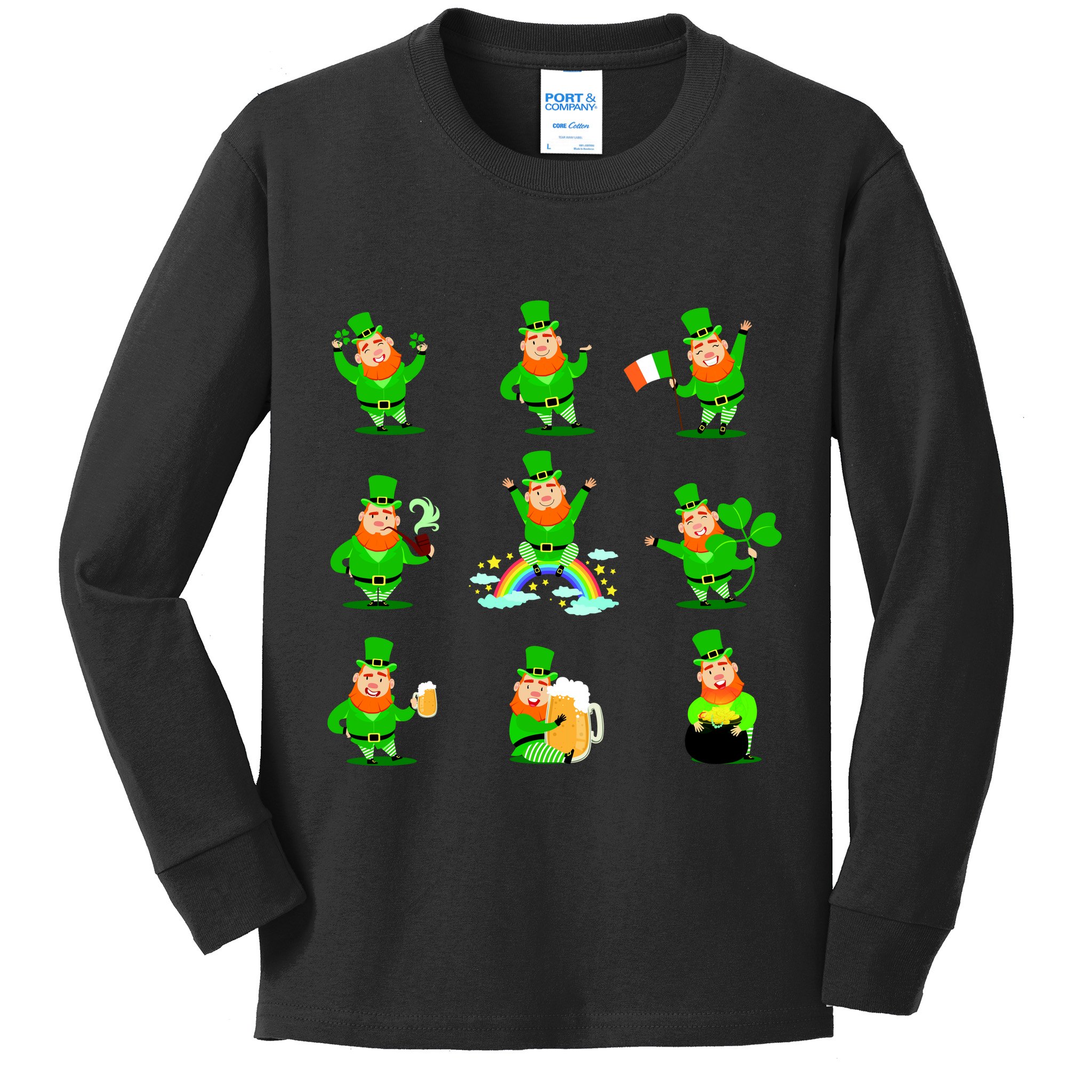 Funny St. Patrick's Day Shamrock Beer Leprechaun Emojis Kids Long Sleeve Shirt