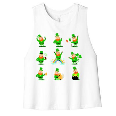 Funny St. Patrick's Day Shamrock Beer Leprechaun Emojis Women's Racerback Cropped Tank