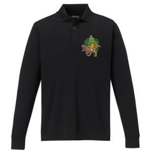 Funny St Patrick Pug On T-Rex Performance Long Sleeve Polo