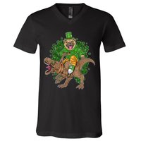 Funny St Patrick Pug On T-Rex V-Neck T-Shirt