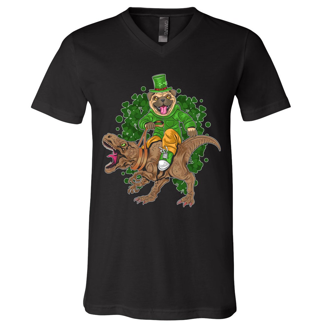 Funny St Patrick Pug On T-Rex V-Neck T-Shirt