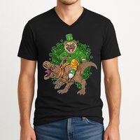 Funny St Patrick Pug On T-Rex V-Neck T-Shirt