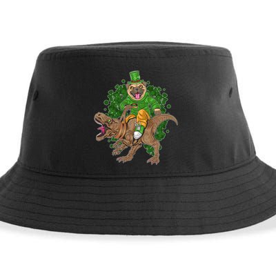 Funny St Patrick Pug On T-Rex Sustainable Bucket Hat