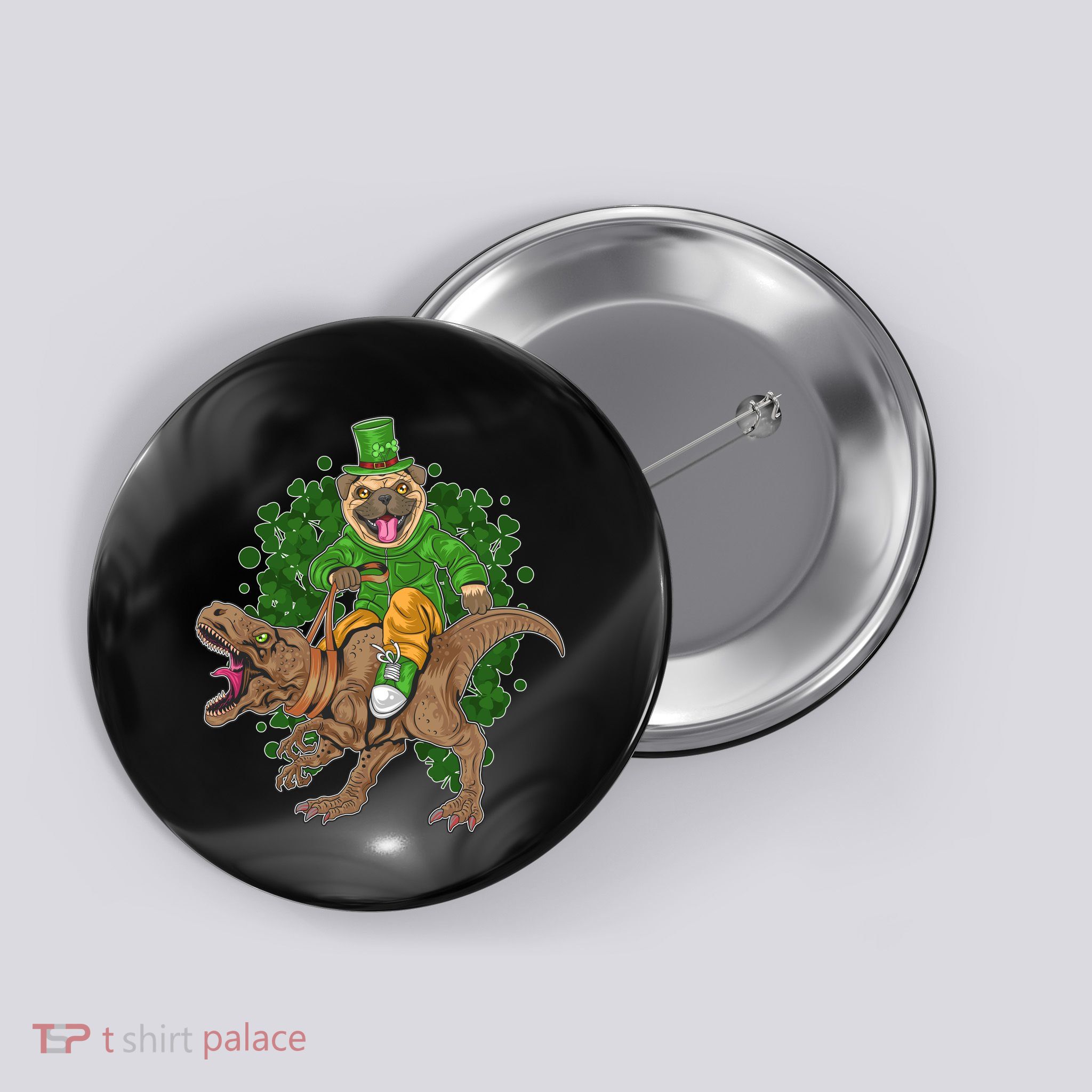 Funny St Patrick Pug On T-Rex Button