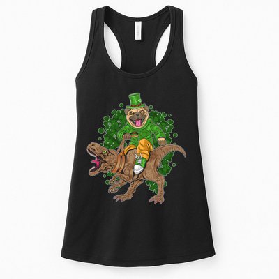 Funny St Patrick Pug On T-Rex Womens Tank Top