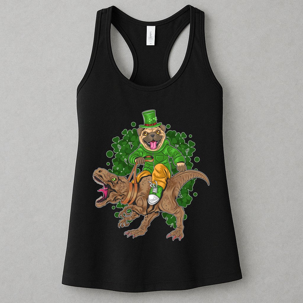 Funny St Patrick Pug On T-Rex Womens Tank Top