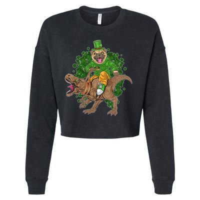 Funny St Patrick Pug On T-Rex Cropped Pullover Crew