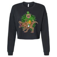Funny St Patrick Pug On T-Rex Cropped Pullover Crew