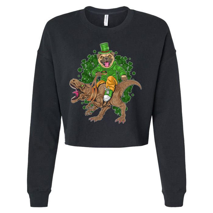 Funny St Patrick Pug On T-Rex Cropped Pullover Crew