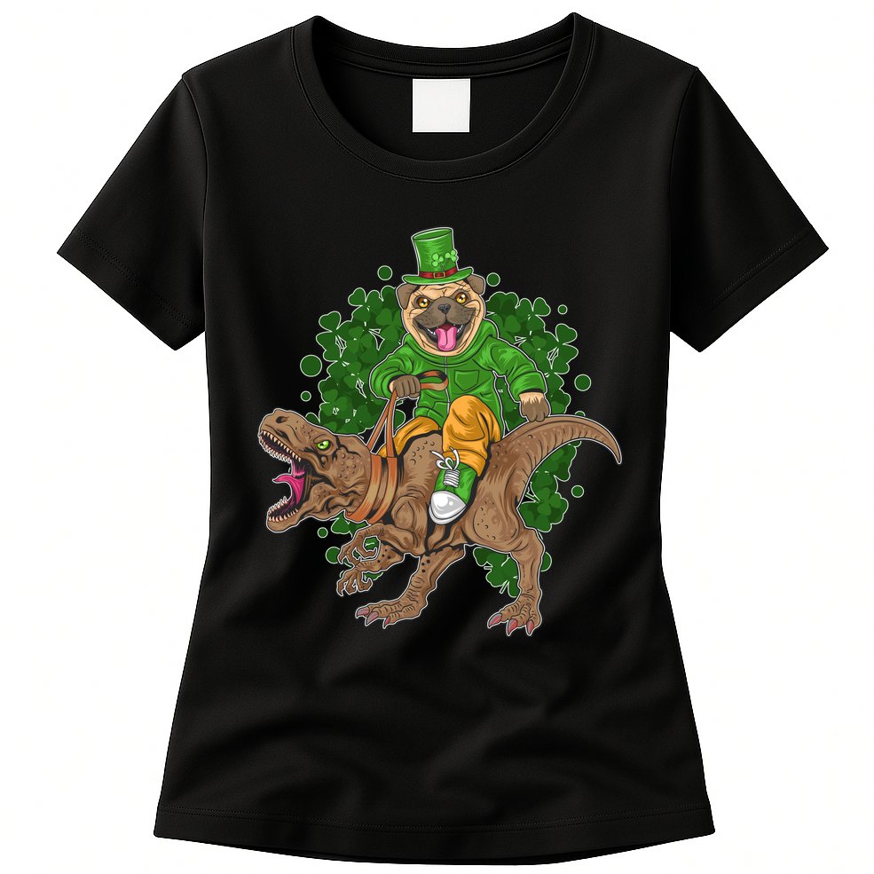 Funny St Patrick Pug On T-Rex Womens T-Shirt